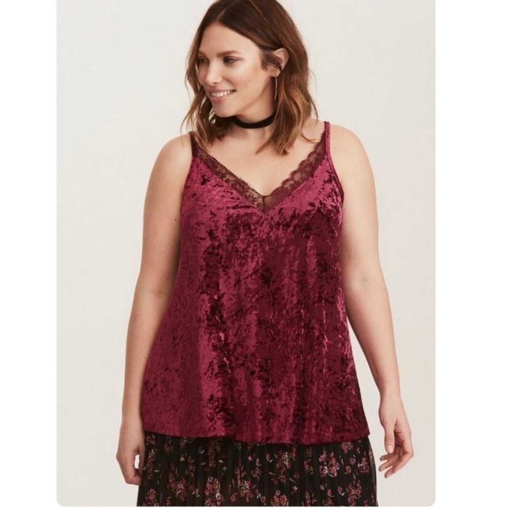 Torrid Crushed Velvet Lace Trim V-Neck Cami in Berry Romance | 0 (Large - 12)